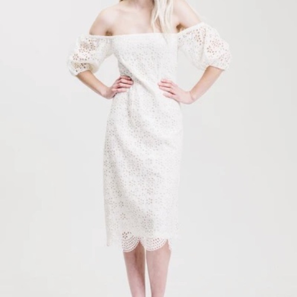 Winston White Lotus Midi Dress. Cream eyelet lace.